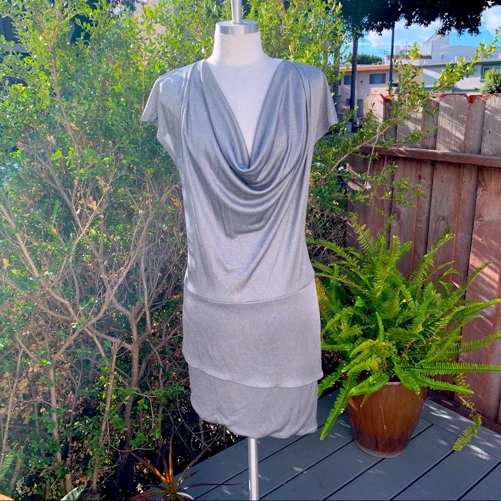 BLACK HALO Draped Neckline Cap Sleeve Silver Dress Women’s Size Small EUC